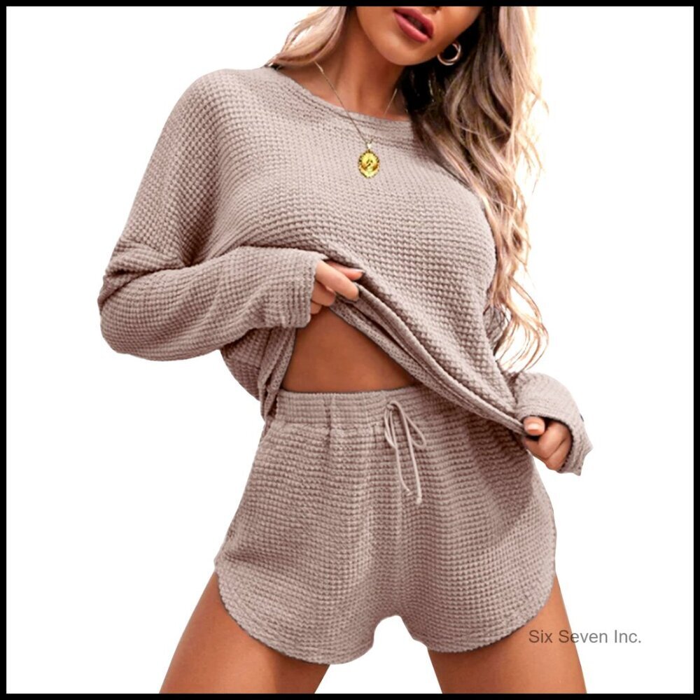 Waffle Knit Pajama Set Long Sleeve Top Shorts Lounge Wear Comfy Chic